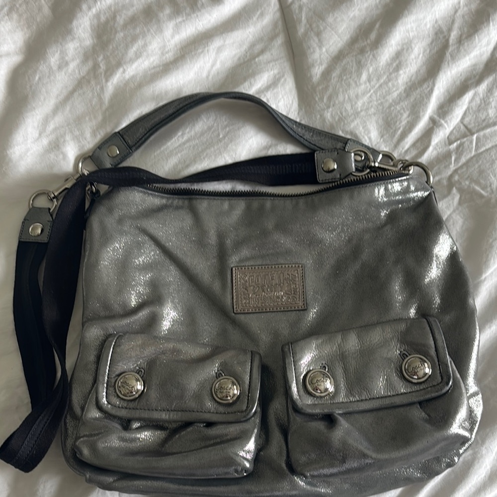 Coach Gray Shoulder Bag with Adjustable Strap and Durable Fabric